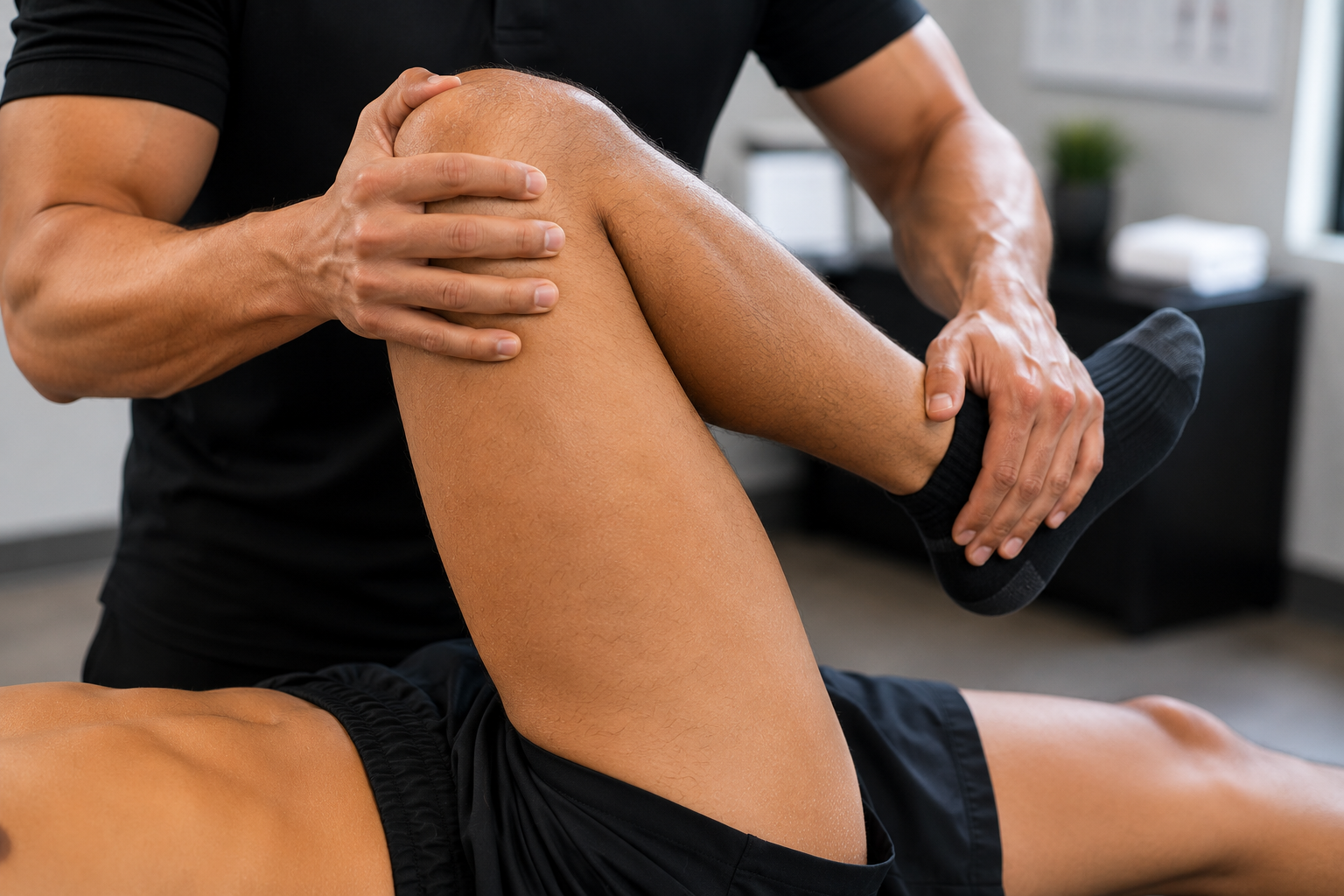 Physical therapist performing leg stretch treatment
