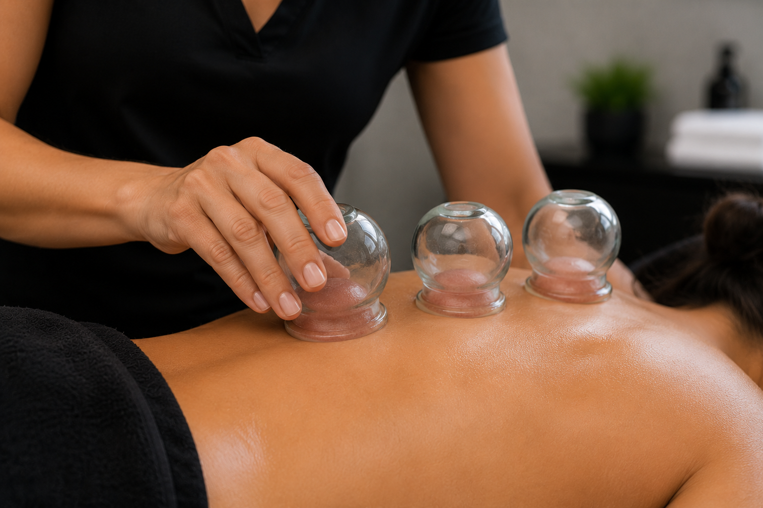 Therapist placing glass cupping cups on back