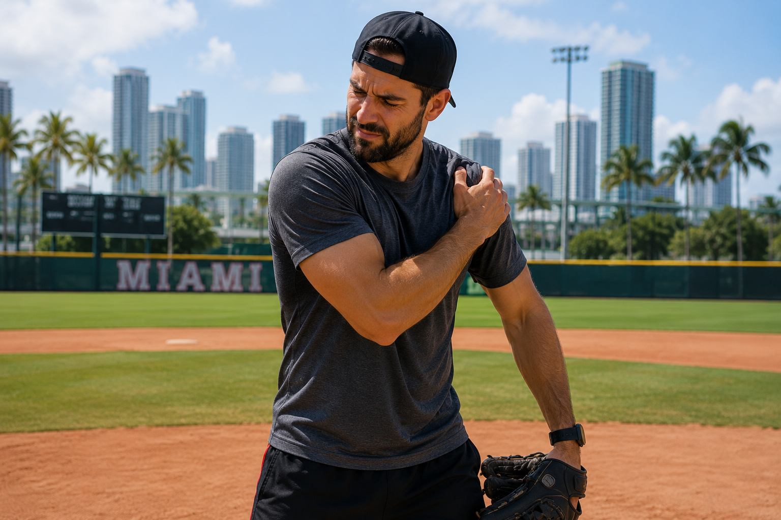 Baseball player rubbing shoulder on Miami field