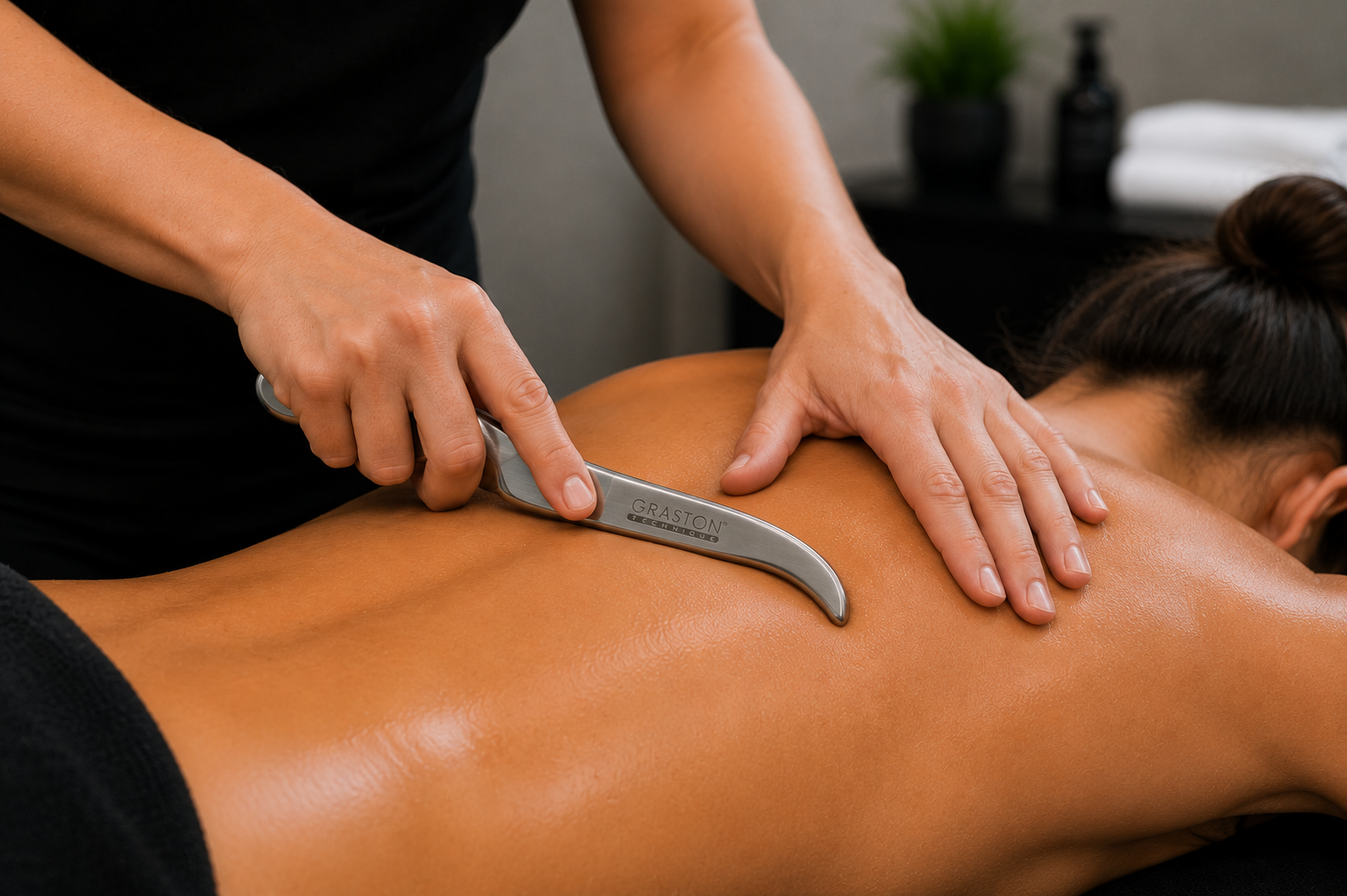 Gua sha back massage in spa setting