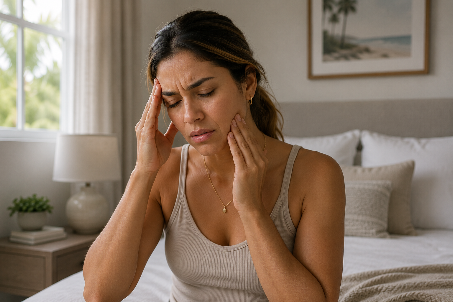 Woman holding jaw and temple in pain