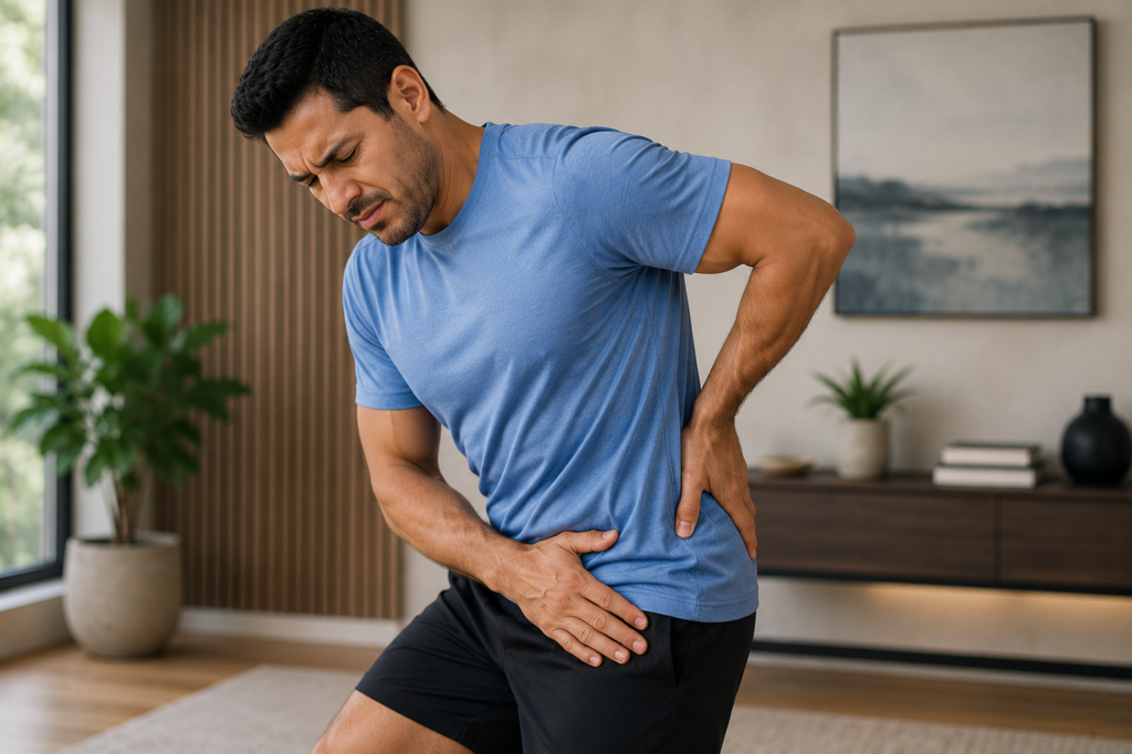 Man experiencing hip pain at home
