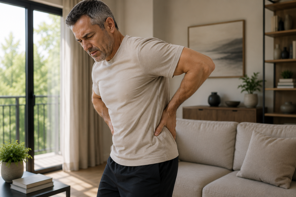 Man experiencing lower back pain in living room