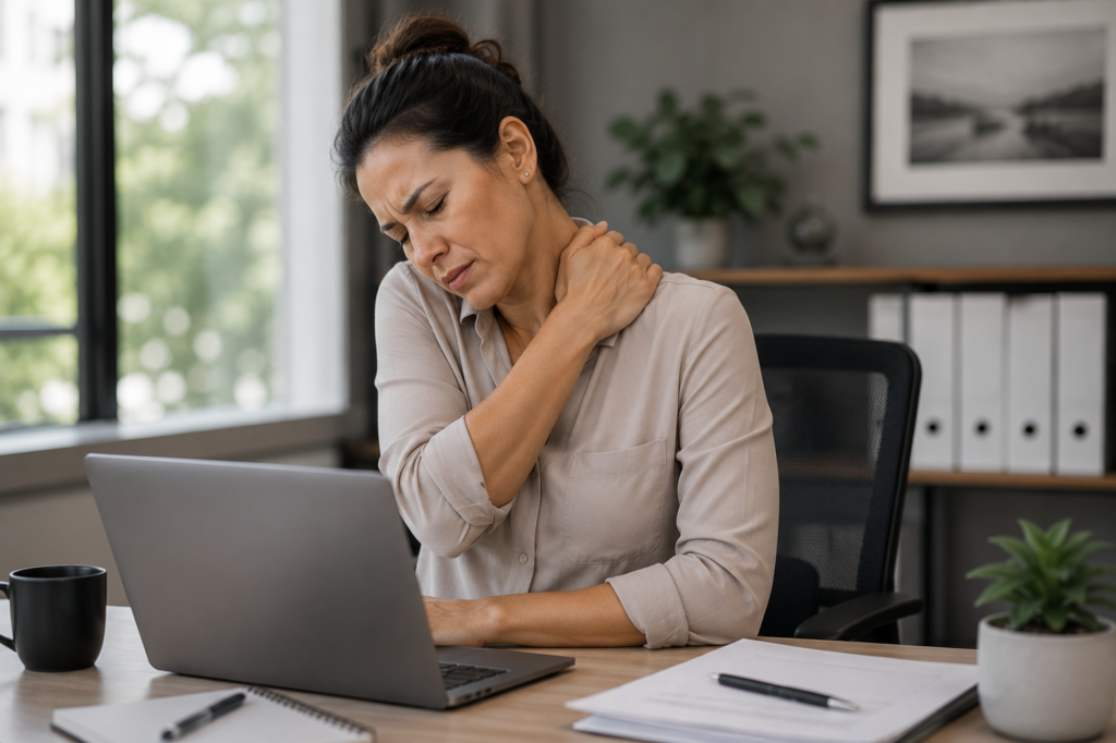 Woman rubbing neck while working at laptop